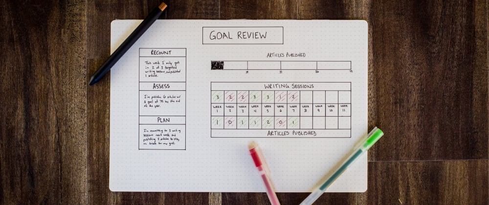 Dark desk with a page titled "Goal Review"